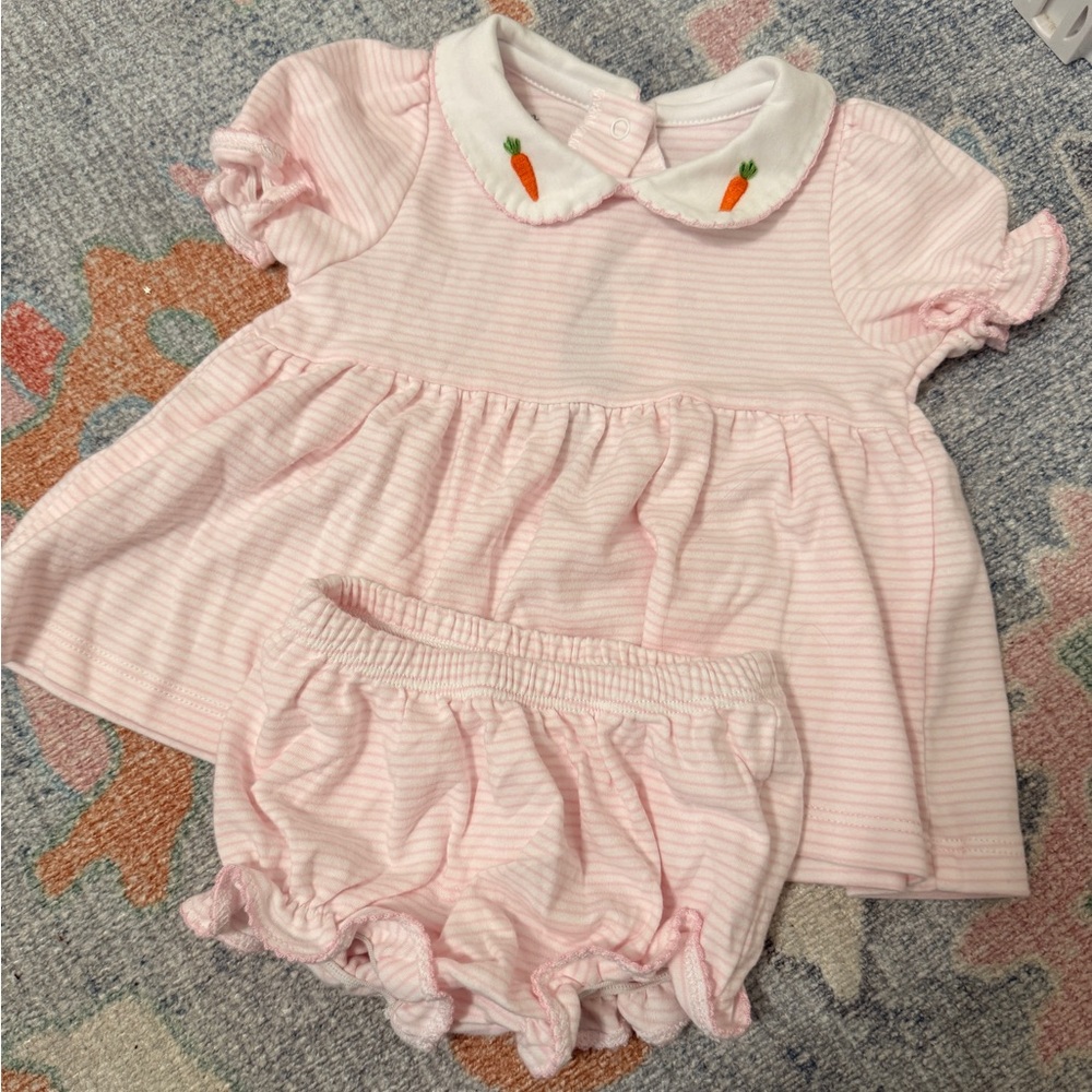 Baby Pink Striped Two-Piece Easter Set with Carrot Embroidery